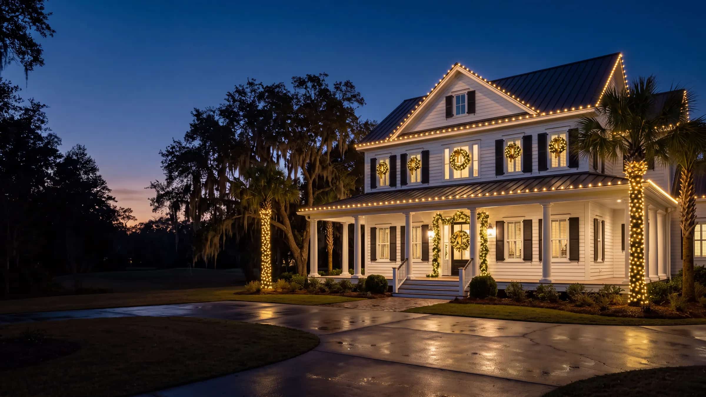 Two-story white Southern coastal home with a wraparound porch at dusk, warm-white bulbs outlining every roofline and gable, lit garland and wreaths at the entry and windows, light-wrapped palm trunks, and a wet driveway reflecting the lights.