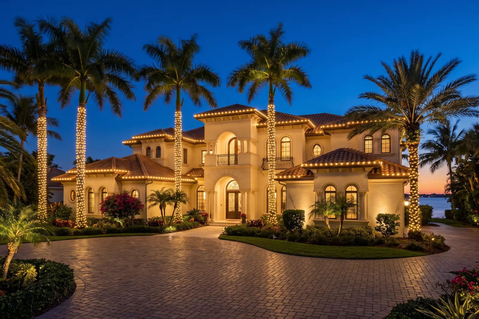 Cream stucco Mediterranean home with a terracotta tile roof at dusk, warm-white bulbs tracing the rooflines, light-wrapped palm trunks, and warm uplighting on the facade, with water in the background.