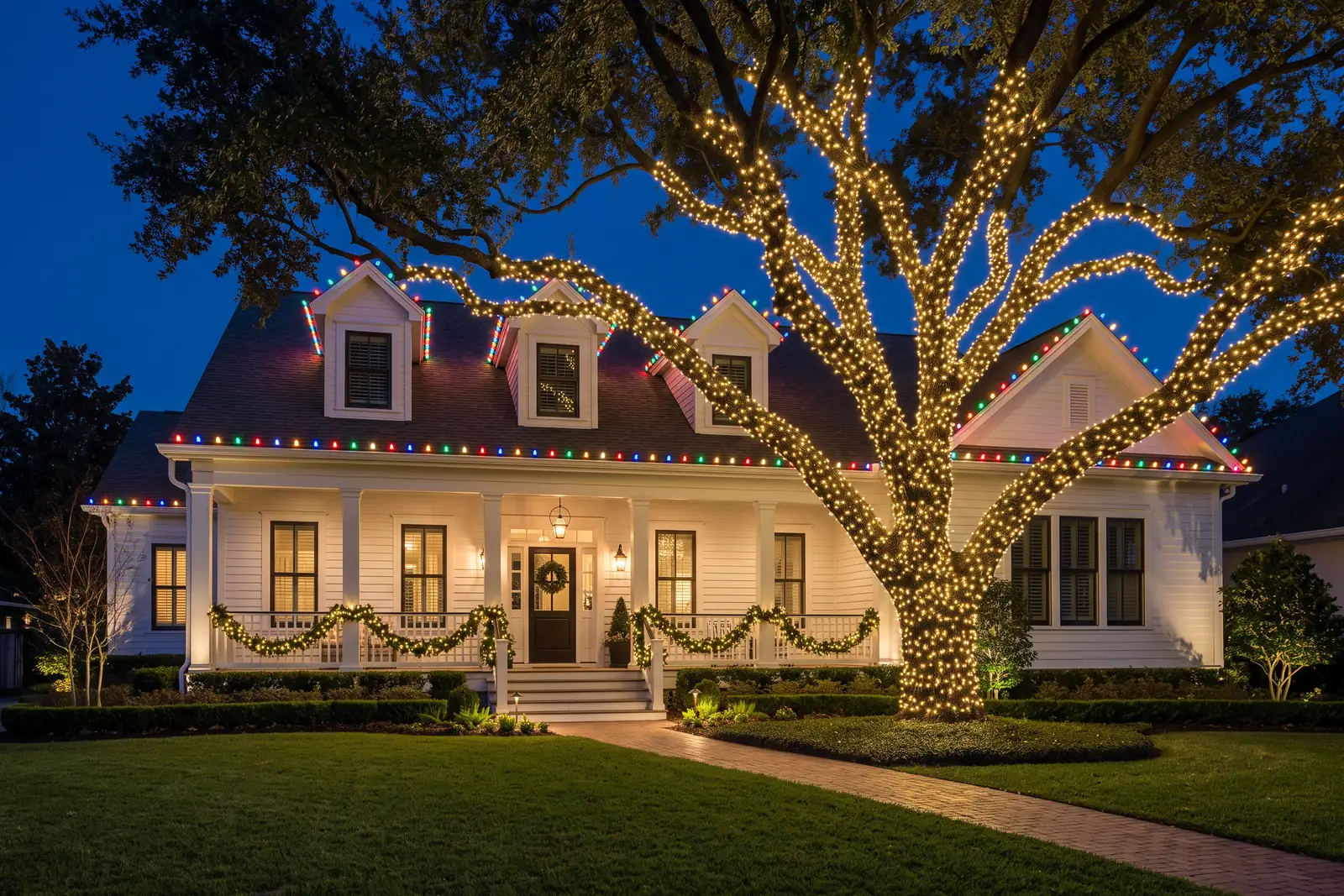 White cottage-style home with a front porch at dusk, multicolor bulbs outlining the roofline, a large live oak wrapped in warm-white mini lights, and lit garland on the porch railing.